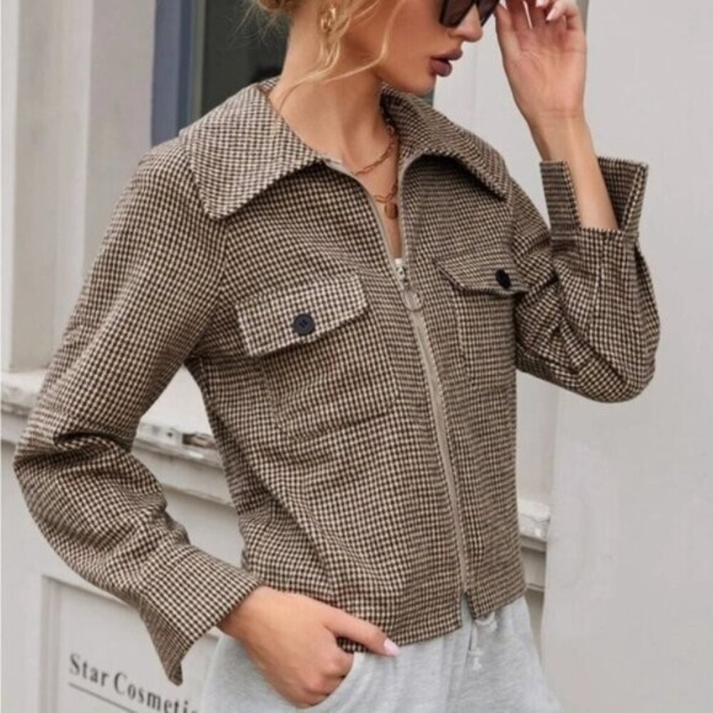 Short Jacket Flap Front Pockets Raglan Sleeves  Houndstooth Tweed Zip-Up Small